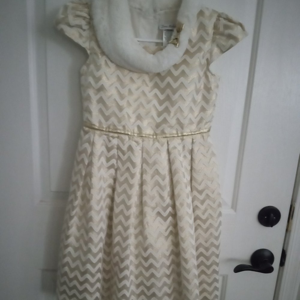 Jona Michelle Girls Gold and Winter White Holiday Dress Size 10